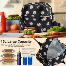 Large insulated lunch bag with daisy print and open top compartment