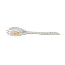Melamine salad fork with side view of floral and leaf pattern across the handle.
