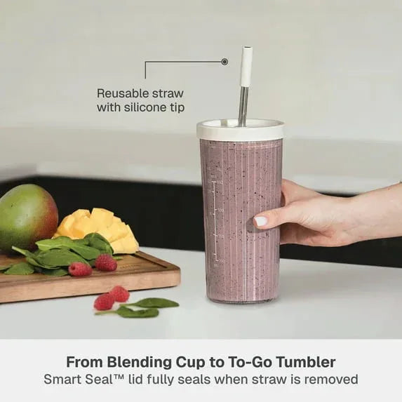 Thyme & Table 900 W 25 oz Single Serve Blender with Tritan Vessel, Smart Seal Lid and Straw, 6-Point Stainless Steel Blade, Sand White