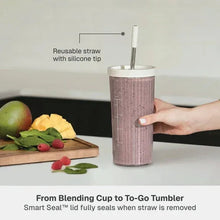Single-serve blender cup with reusable straw and sand white Tritan vessel