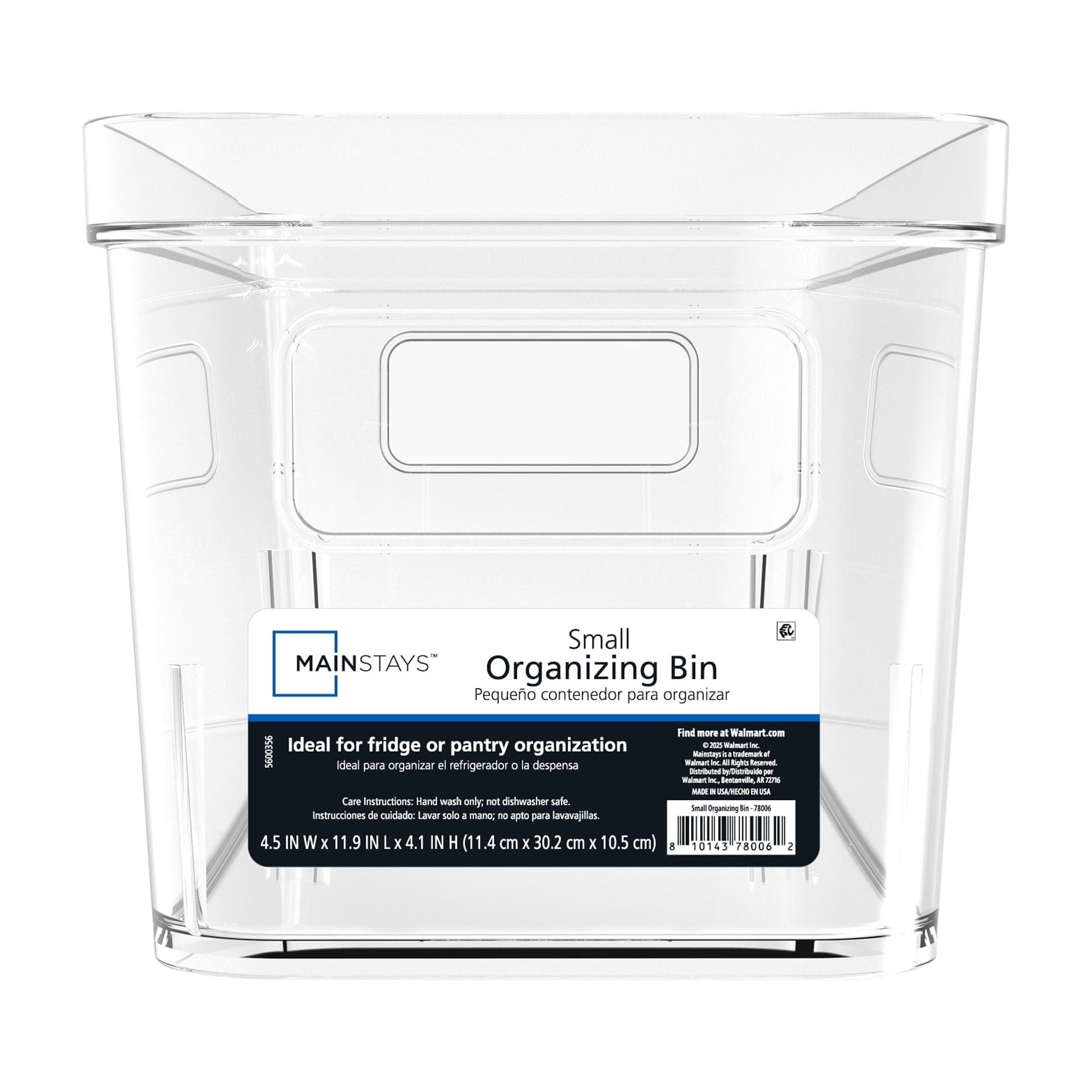 Mainstays Small Clear Plastic Pantry Organizer Bin with Built-In Handles, Kitchen Storage Container for Pantry, Cabinet, Fridge and Shelf Organization, 12" x 4.5" x 4"