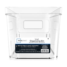 Clear plastic storage bin with front handle opening and reinforced side grip areas.