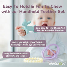 Handheld dog silicone teether in teal with ring and beaded toy for baby