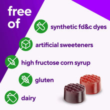 gummy vitamins with molded berry and blueberry gummies next to ingredient icons