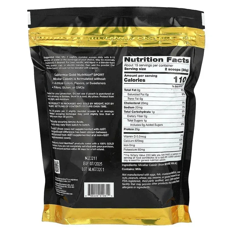 California Gold Nutrition, Sport, Micellar Casein, Unflavored, Slow Absorption, 16 oz (454 g)