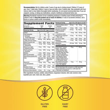 Supplement Facts label with gluten-free and dairy-free icons for kids tablets.