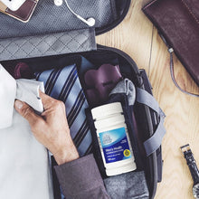 Men's health supplement bottle in an open backpack pocket, white cap, 100 tablets.