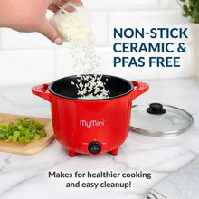 Red electric multi-cooker pot with non-stick interior and glass lid