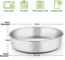 Round stainless steel cake pan with smooth rolled rim and flat base