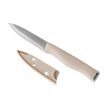 Beige-handled kitchen knives with protective sheath and stainless blades