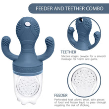Steel-blue silicone teether with round feeder tray and clear frozen-cup inserts