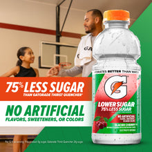 Lower-sugar glacier cherry electrolyte sports drink bottle with 75% less sugar text