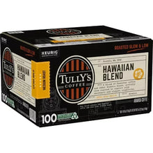 Tully's Hawaiian Blend K-Cup pod box angled view with 100 count and roasted slow & low
