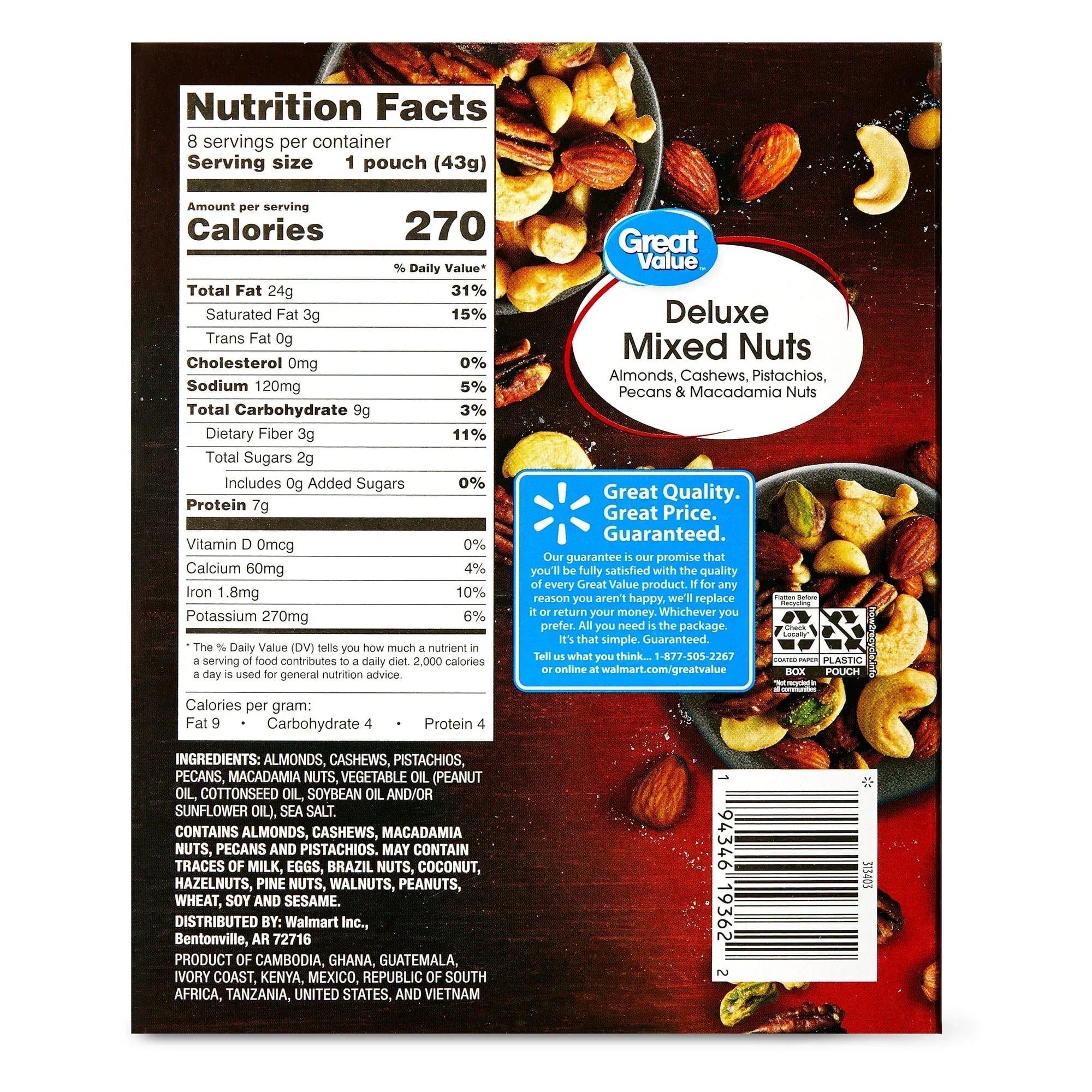 Great Value Deluxe Mixed Nuts, 1.5 oz, 8 Count
