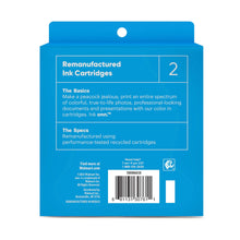 Back panel of ink cartridge box with remanufactured ink cartridge details