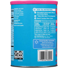 Iced tea preparation instructions panel on raspberry iced tea drink mix canister
