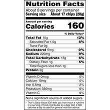 Nutrition Facts panel for potato chips with about 160 calories per serving