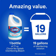 Liquid bleach jug with blue cap and 19-gallon disinfecting solution graphic