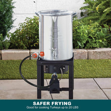 Aluminum turkey fryer pot with spigot and lid on black stand, hose and regulator attached