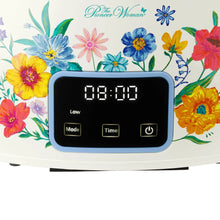 Digital control panel on a floral 6-quart slow cooker with Low, Mode, Time buttons