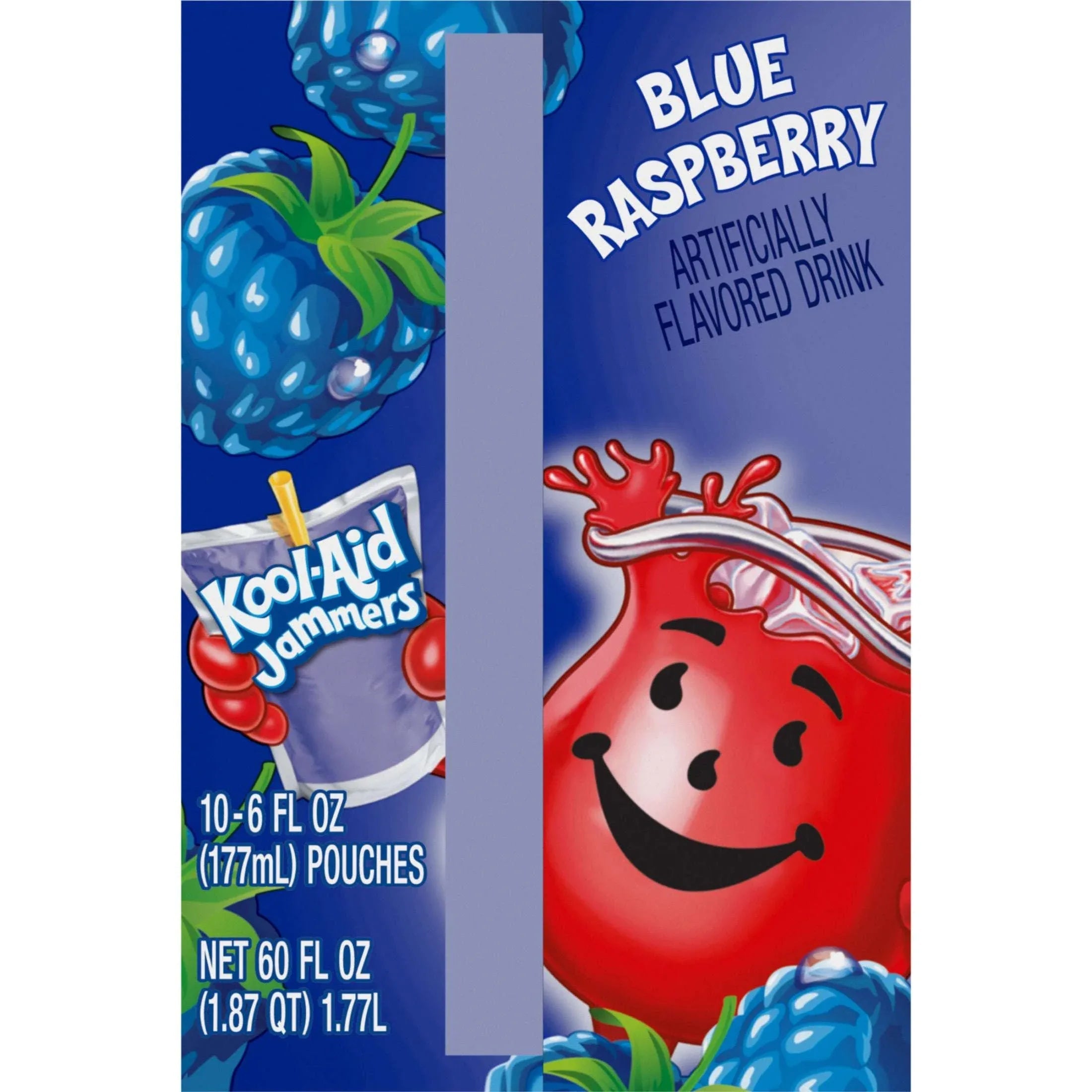 Kool-Aid Jammers Artificially Flavored Drink, 10 Pouches, for School Lunches and On-the-Go Hydration, Blue Raspberry Flavor, Excellent Source of Vitamin C, 6 fl oz