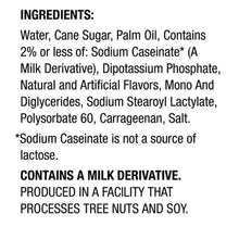 Ingredients list for creamer: water, cane sugar, palm oil, flavors; contains milk derivative