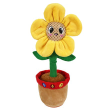 Talking plush sunflower in tan pot with yellow petals, green stem, and big embroidered eyes