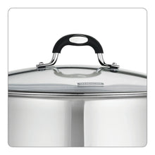 Stainless steel stock pot lid with black handle and vented steam opening