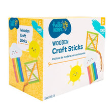 Hello Hobby wooden craft sticks 1000-pack box, angled view in yellow packaging.