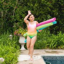 Pool swim noodle set with pink, green, and purple tubes