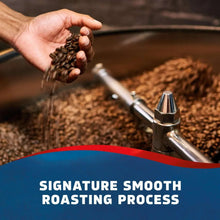 Hands pouring coffee beans into a roaster with “Signature Smooth Roasting Process” overlay