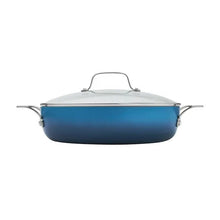 Denim blue nonstick everyday pan with clear glass lid and metal handles