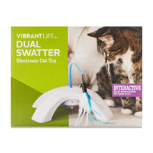 Dual swatter electronic cat toy retail box with cat and blue feather swatter