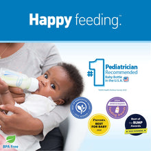 Narrow anti-colic baby bottle with white nipple used for feeding