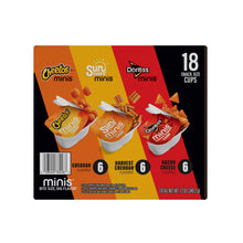 Snack variety pack box front with Doritos, SunChips, and Cheetos minis; 18 cups