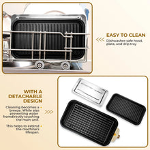 Electric indoor grill and griddle with detachable plates, dishwasher-safe hood and drip tray