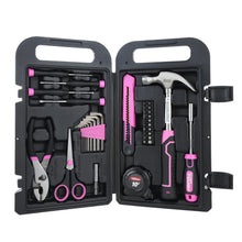 Open tool case with organized tools, sockets, wrench, and screwdrivers in compartments