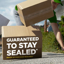Sealed cardboard boxes with packing tape seam, guaranteed to stay sealed text