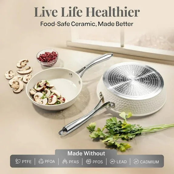Gotham Steel Hammered 10 Inch Non Stick Frying Pans with Lid Dishwasher Safe – Cream