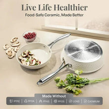 Cream hammered nonstick frying pan with glass lid and stainless handles