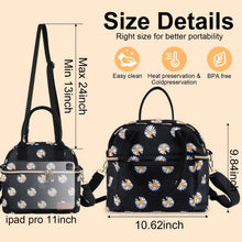 Insulated lunch bag with daisy print, front view with adjustable shoulder straps