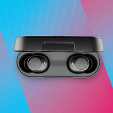 Black true wireless earbuds seated in charging case, top view