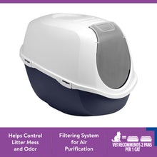 Enclosed cat litterbox with rounded white entrance panel and navy lower shell.