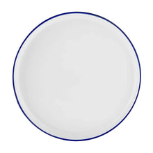Stoneware dinner plate with blue rim, white finish