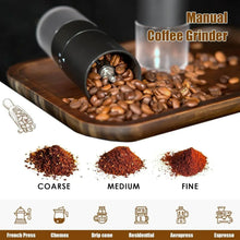 Manual coffee grinder pouring grounds, with coarse, medium, and fine grind levels shown