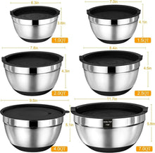 Stainless steel nesting mixing bowls with black airtight lids and size labels