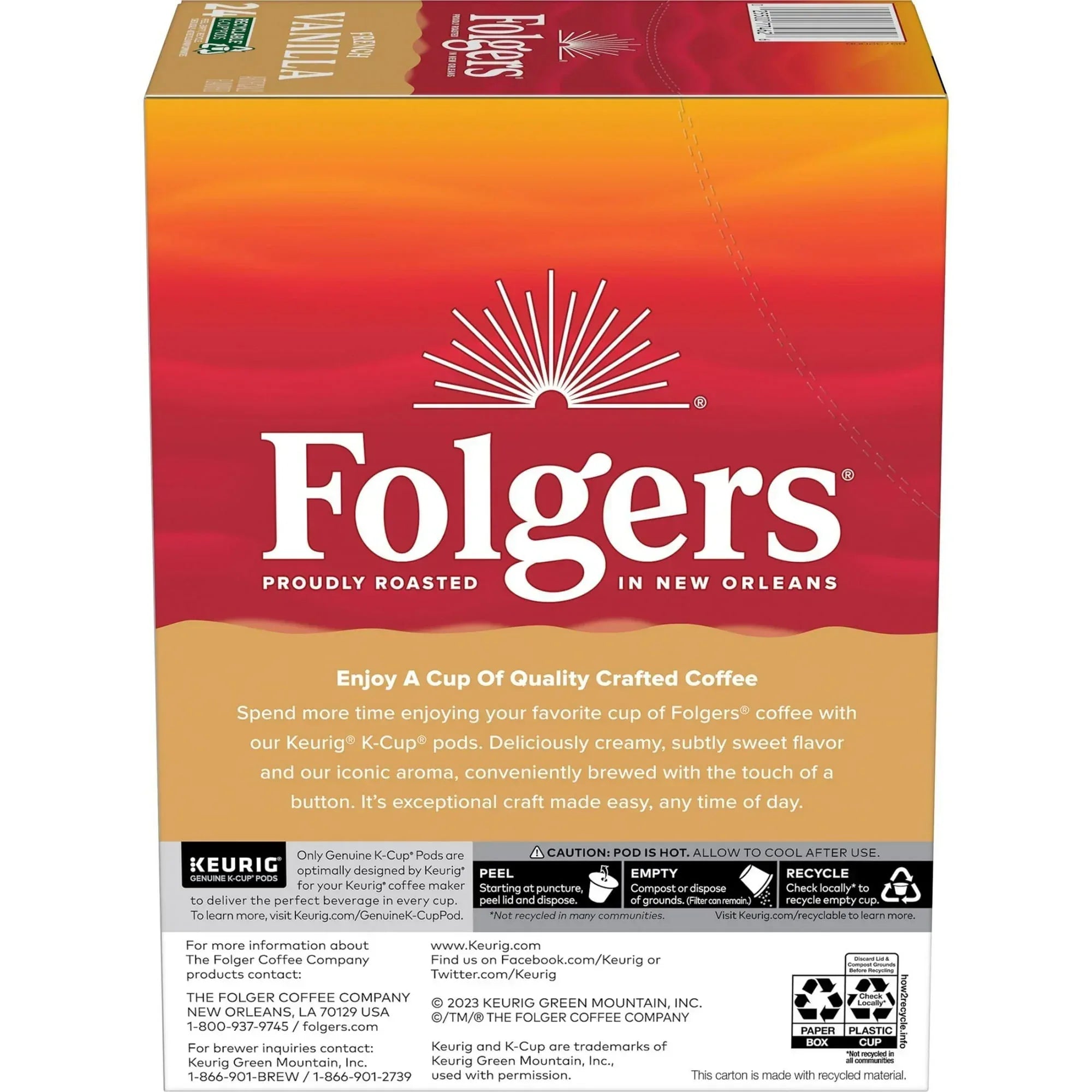 Folgers French Vanilla Artificially Flavored Coffee, Mild Roast, Keurig K Cup Pods, 24 Count Box