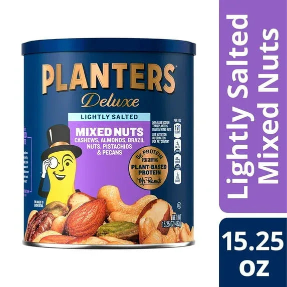 PLANTERS Deluxe Lightly Salted Mixed Nuts, Party Snacks, Plant Based Protein 15.25 oz Steel Can