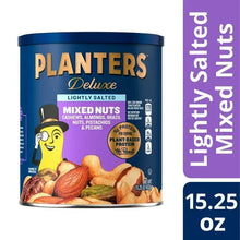 PLANTERS Deluxe lightly salted mixed nuts can, 15.25 oz, with label nutrition icons