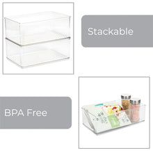 Stackable clear plastic organizer bin, two bins stacked with perforated base